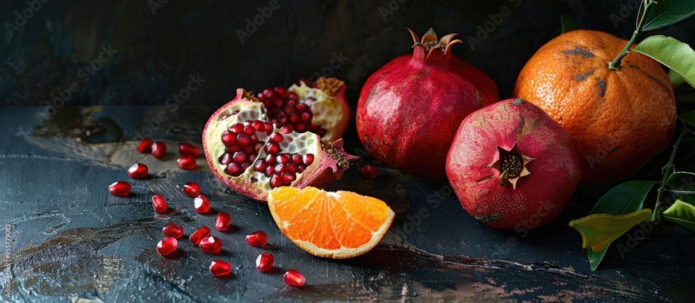 Aufkleber still life with pomegranate and tangerine in a dark key. composition of fruits on black background. 