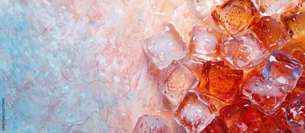 Poster cola with ice cubes pastel background Ice  Cola  Texture. with copy space image. Place for adding text or design