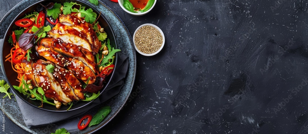 Leinwandbilder chicken teriyaki on dark background with balsamic sauce and sesame seeds. asian food. noodles. top v