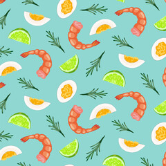 Obraz premium Vector pattern with seafood.Vector seamless pattern with shrimp, lime, boiled eggs and rosemary on a colored background.