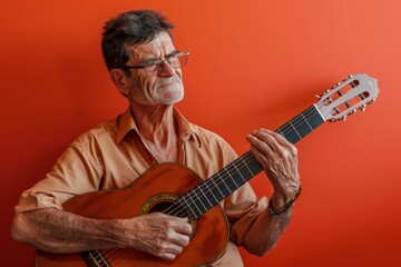 Portrait of a blissful caucasian man in his 60s playing the guitar in front of solid color backdrop