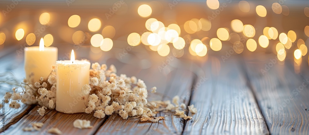 Leinwandbilder White dried flowers on a wooden table with candles. with copy space image. Place for adding text or design