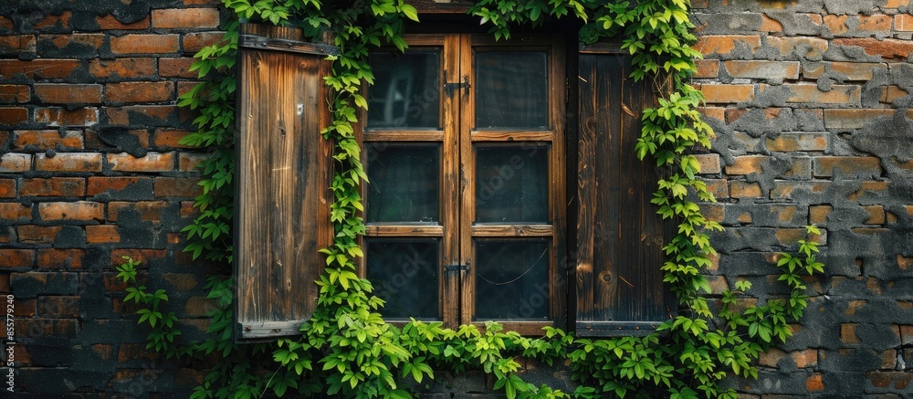 Poster an old wooden window in a brick wall, overgrown with a green plant. with copy space image. place for