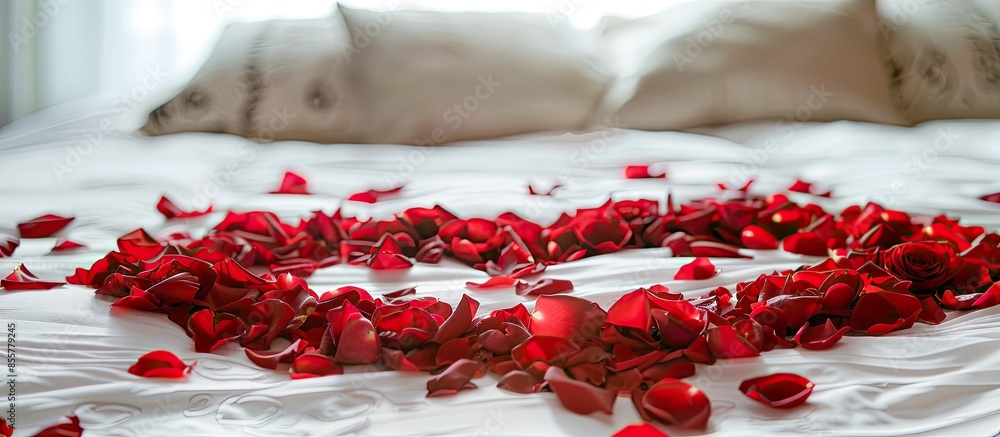 Poster wedding bed topped with rose petals,heart of red petals on bed. with copy space image. place for add