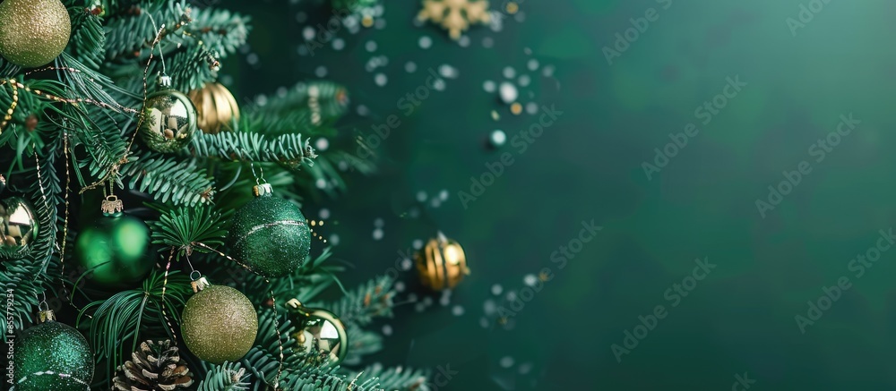 Poster green new year tree decorated with toys and balls. christmas background. with copy space image. plac