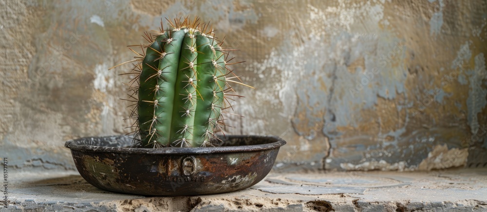 Poster cactus in old pan . with copy space image. Place for adding text or design