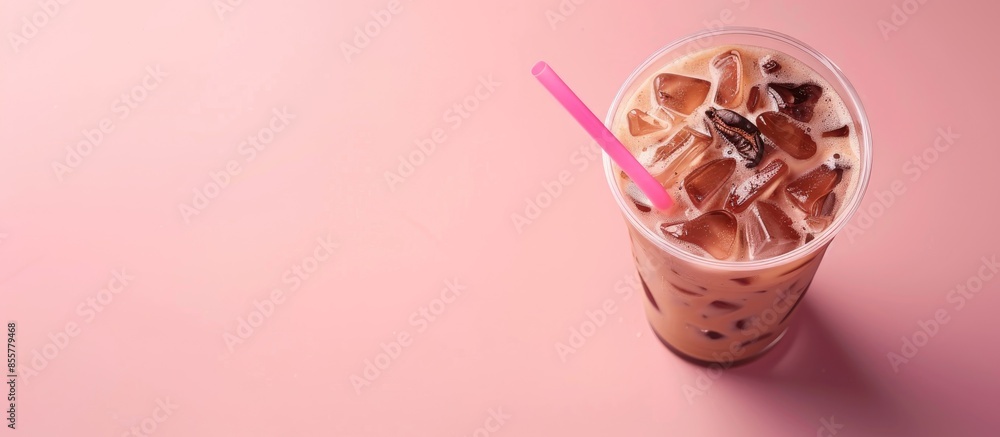 Poster iced coffee mocha pastel background ice coffee food. with copy space image. place for adding text or