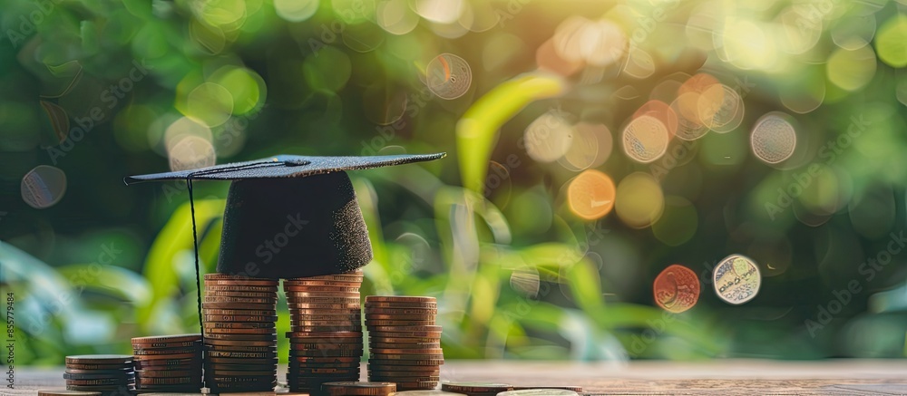 Poster hat graduation model on money coins saving for concept investment education and scholarships. copy s