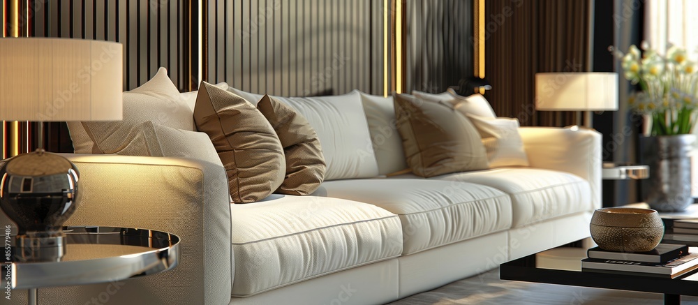 Poster furniture design. interior. sofa with pillows, lamps, table. with copy space image. place for adding