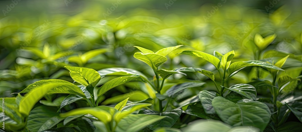 Poster green colored epipremnum aureum tree stock on farm for harvest. with copy space image. place for add