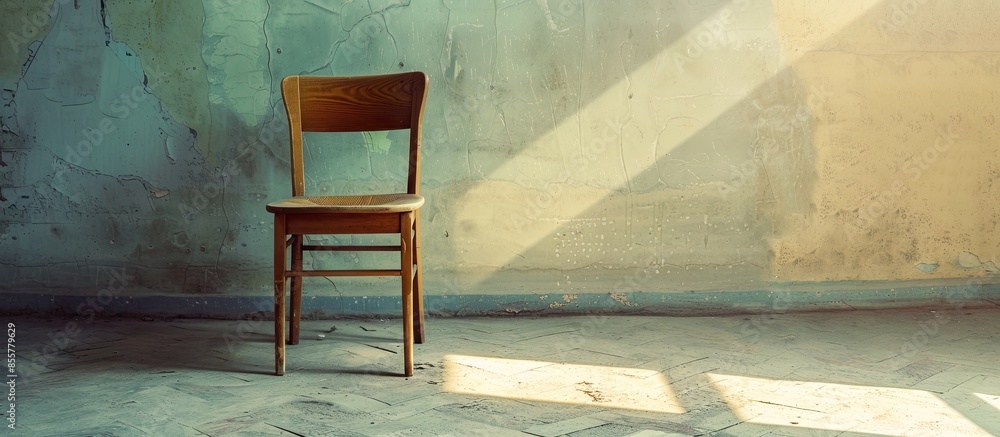 Poster one isolated wooden chair in an empty living room. with copy space image. place for adding text or d