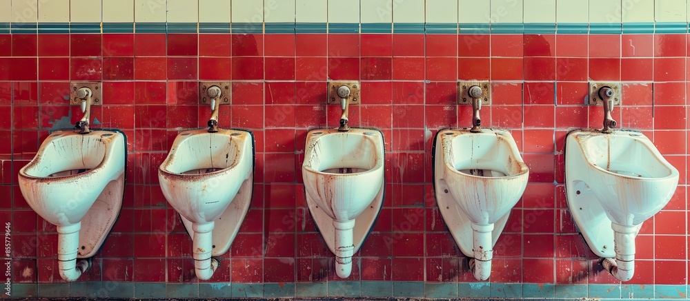 Poster men's toilet with a number of urinals in a theater or restaurant . with copy space image. place for 