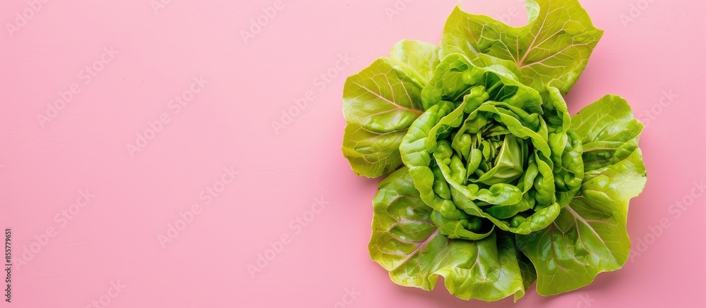 Poster fresh green cos lettuce isolated on pastel background. with copy space image. place for adding text 