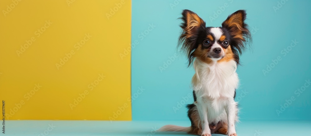 Poster small dog breed russian toy photographed on pastel background in studio. with copy space image. plac