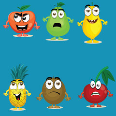 Funny fruits cartoon characters set in different facial expression on blue background.