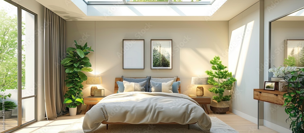 Aufkleber Bedroom in modern student apartment with sky light. with copy space image. Place for adding text or design