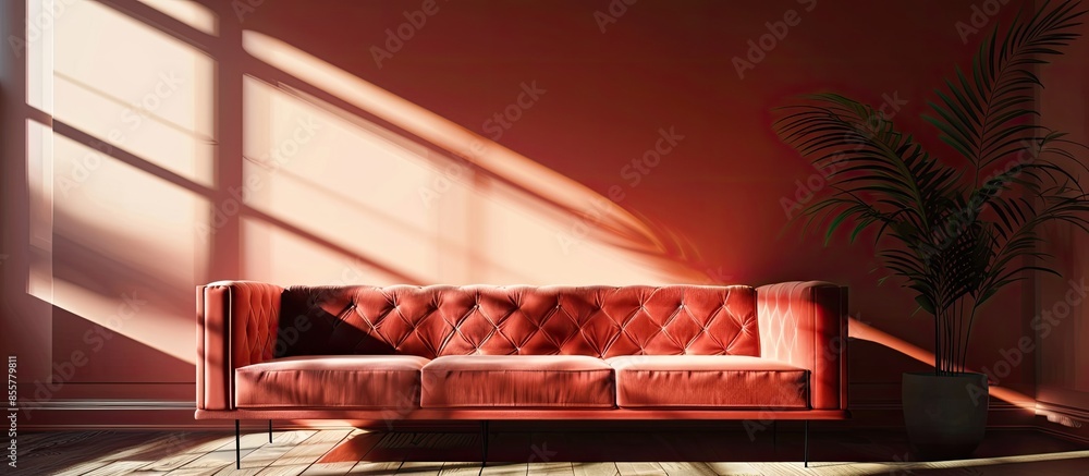 Aufkleber Set of salmon pink sofa displayed in shadowy lighting . with copy space image. Place for adding text or design