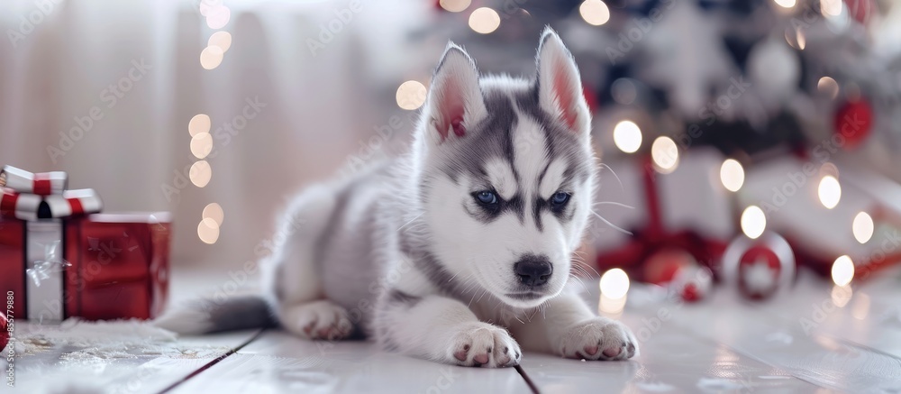 Poster siberian husky puppy pastel background christmas baby. with copy space image. place for adding text 