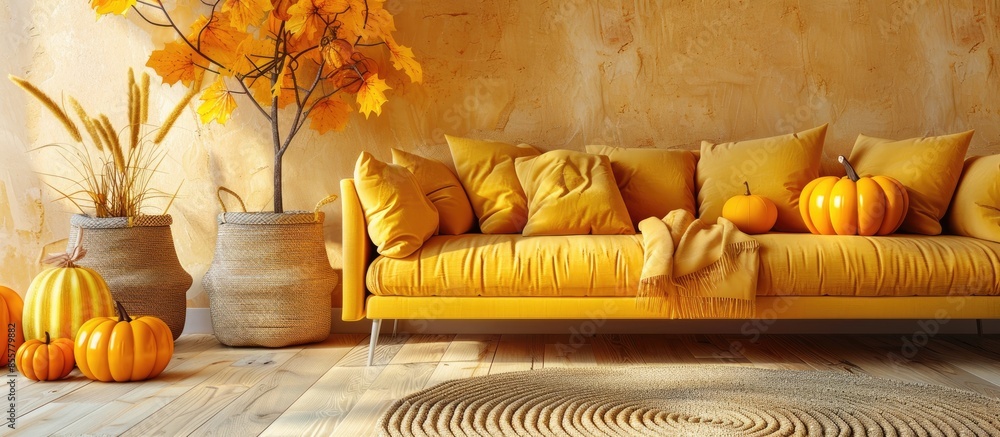 Poster interior of modern living room with comfortable sofas and pumpkins. with copy space image. place for