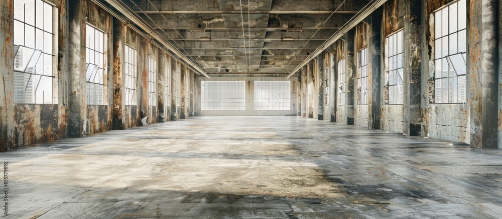 Poster empty floor in abandoned factory. copy space image. place for adding text or design