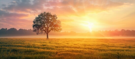 Alone tree on meadow at sunset with sun and mist - panorama. Copy space image. Place for adding text or design
