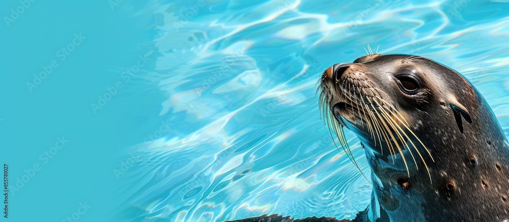Poster A seal relaxing by a pool in a zoo pastel background. with copy space image. Place for adding text or design