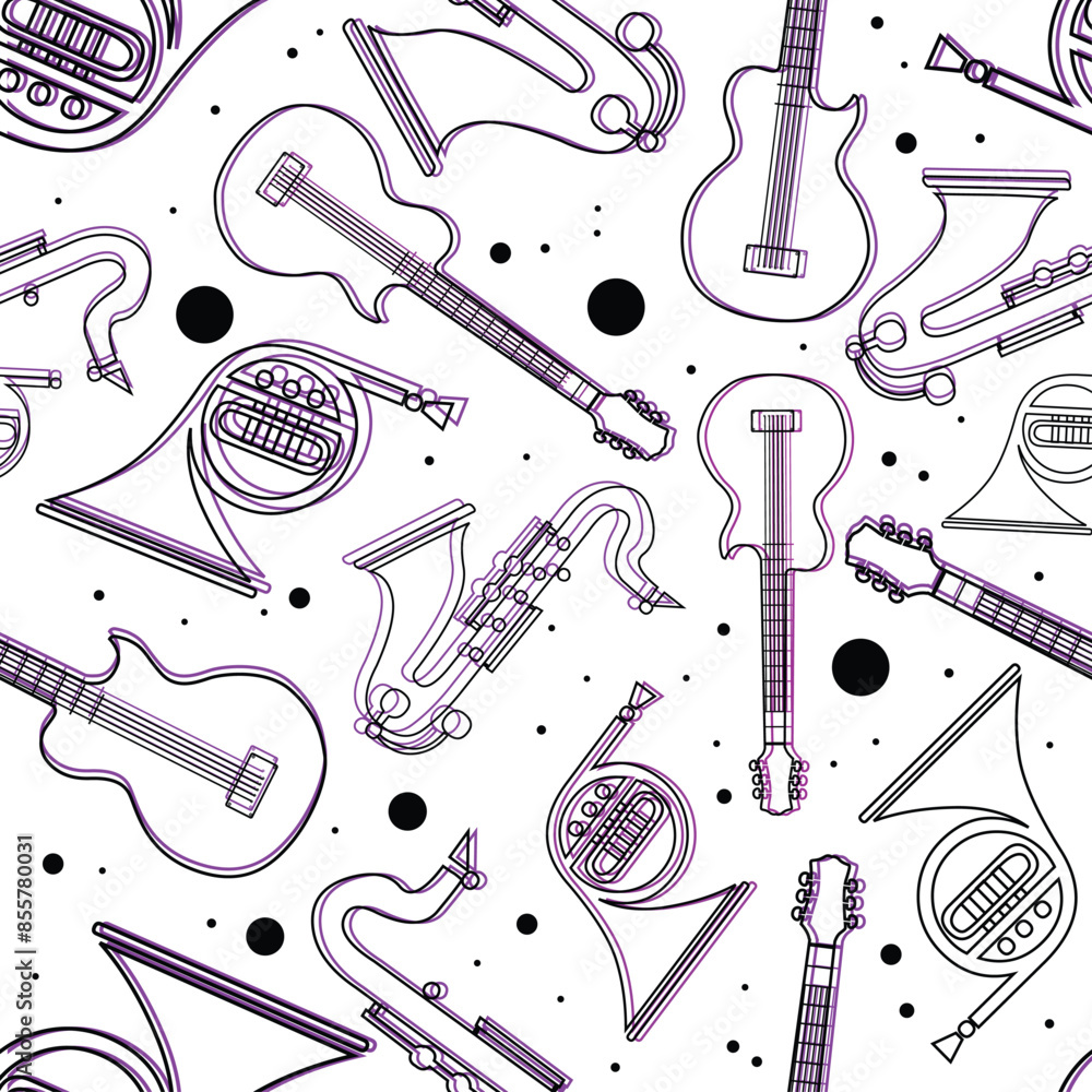 Poster linear style music instruments seamless pattern background.