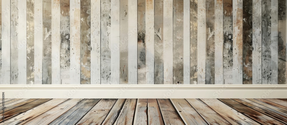 Poster Empty top of vintage striped pattern wall and wooden deck tabletop.For product display. with copy space image. Place for adding text or design
