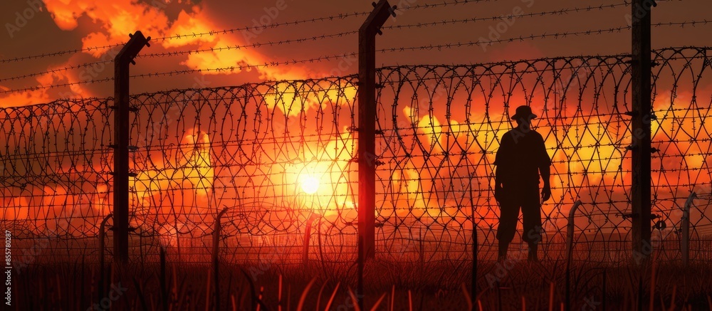 Aufkleber silhouette of a prisoner behind a barbed wire fence in a concentration camp against fiery setting su