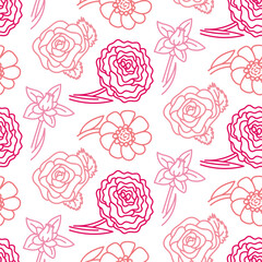 A pattern of doodle flowers peony, rose, orchid, zinnia in pink shades. Seamless freehand drawing with a wide line. Shades of pink on white. Romantic silhouette for a holiday on wedding cards