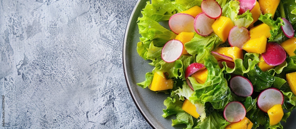 Poster fresh green mixed salad with radish, mango and lettuce on a plate. top view, close-up. copy space im