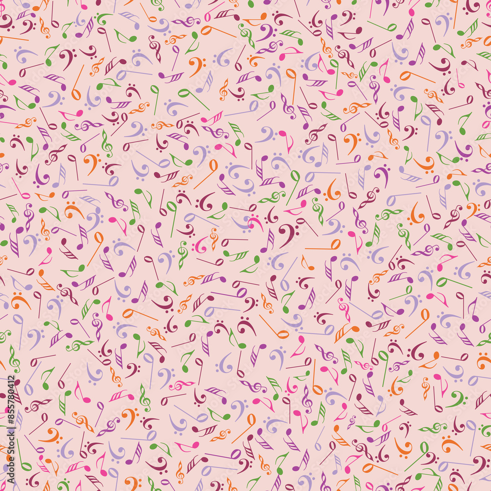 Poster flat style colorful music notes pattern background.
