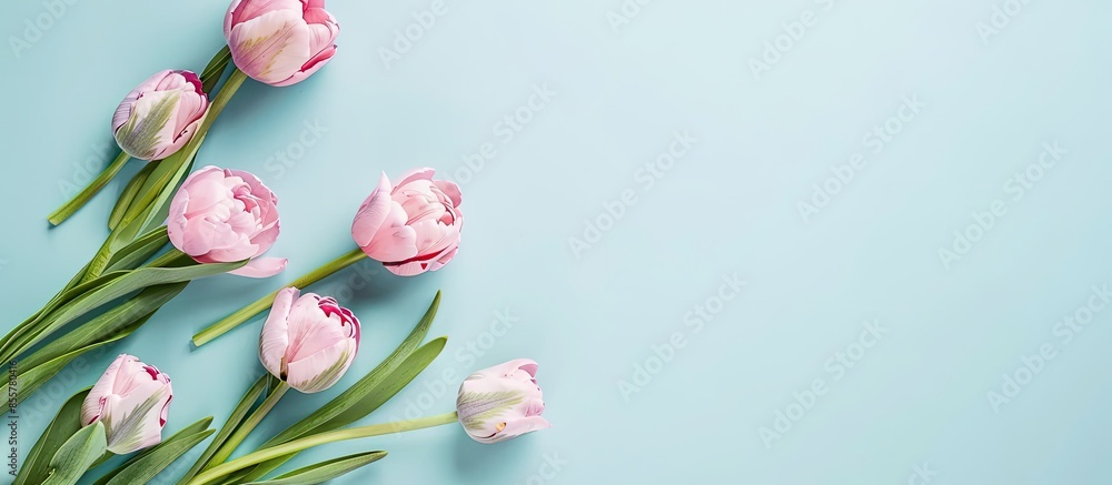 Aufkleber beautiful flowers and stationery on light blue background, flat lay with space for text. teacher's d