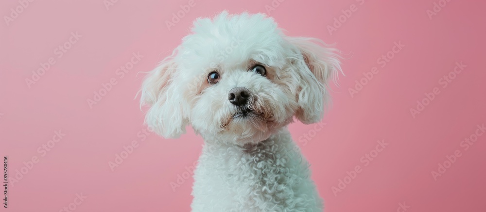 Aufkleber Closeup Portrait of a White Bichon Frise in Front of a pastel background. with copy space image. Place for adding text or design