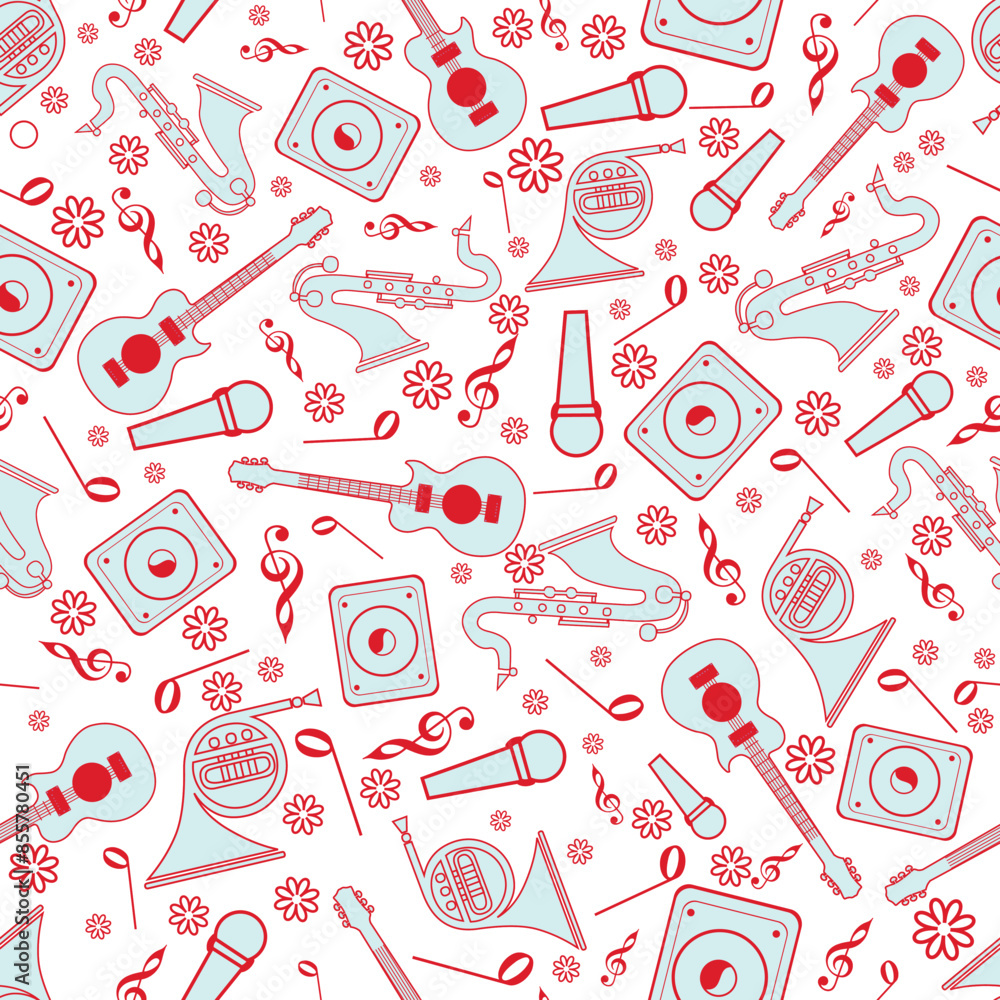 Poster flat style music notes and instruments elements decorated on white background.