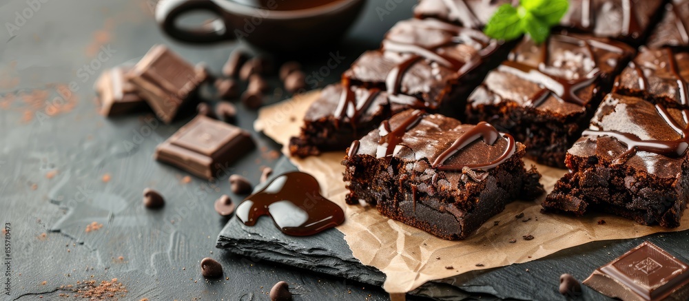 Aufkleber chocolate pumpkin vegan brownies with slices of chocolate and syrup. love for a healthy desserts con
