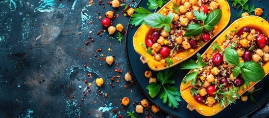 Fototapeta premium Stuffed butternut squash with chickpeas, cranberries, quinoa cooked in nutmeg, cloves, cinnamon. Thanksgiving dinner recipe. Vegan healthy seasonal fall or autumn food. with copy space image