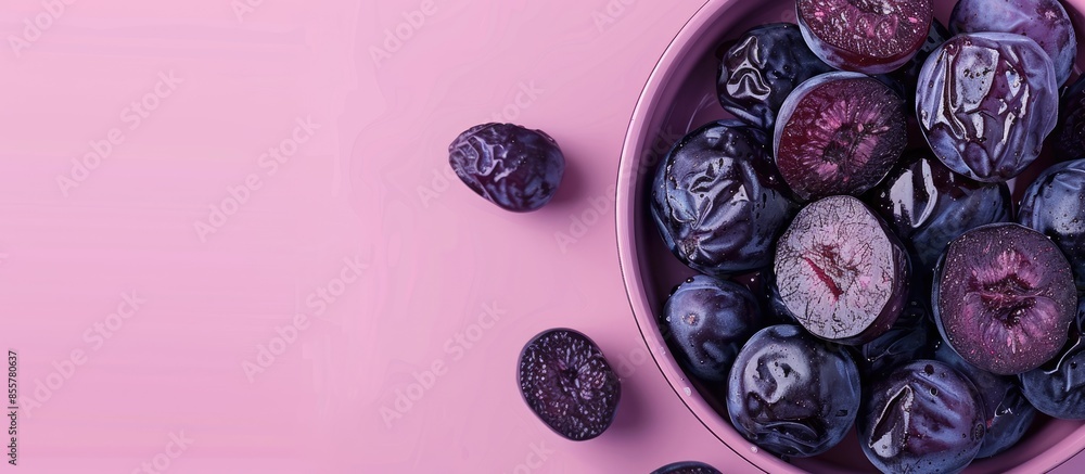 Poster Prunes in Dish pastel background  Food  Isolated  Nature. with copy space image. Place for adding text or design
