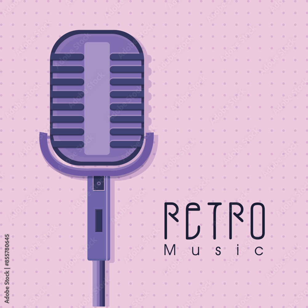 Poster retro music poster design with studio microphone isolated on pink dotted background.