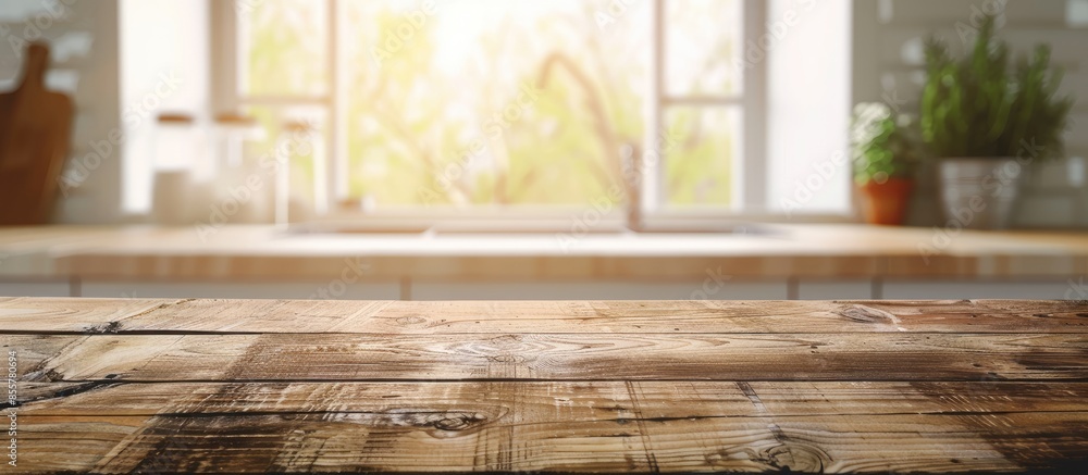 Poster wooden table top on blurred kitchen window background. with copy space image. place for adding text 