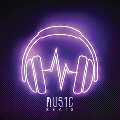 Music Beats Poster Design with Neon Lights Headphone on Blue Stripe Pattern Background.