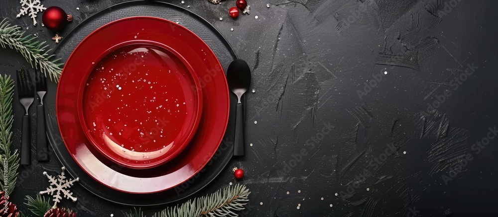 Leinwandbilder Top view of black Christmas table with red plate and white star shaped bowl, cutlery, fir branches and empty space for own text. with copy space image. Place for adding text or design