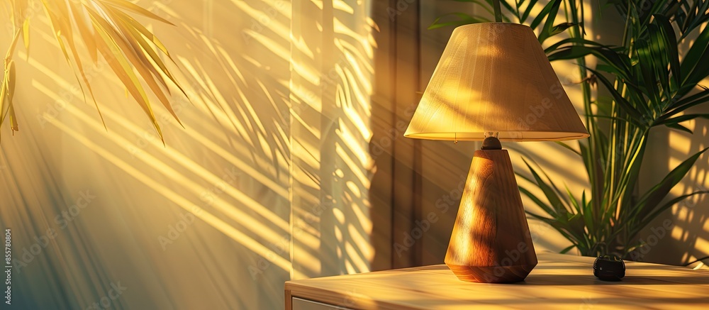 Aufkleber a wooden lamp standing in an office being reflected bu sun rays. with copy space image. place for ad