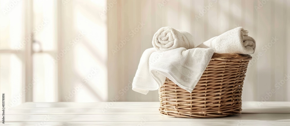 Poster Wicker basket with rolled towels on white wooden table in bathroom. Space for text. with copy space image. Place for adding text or design