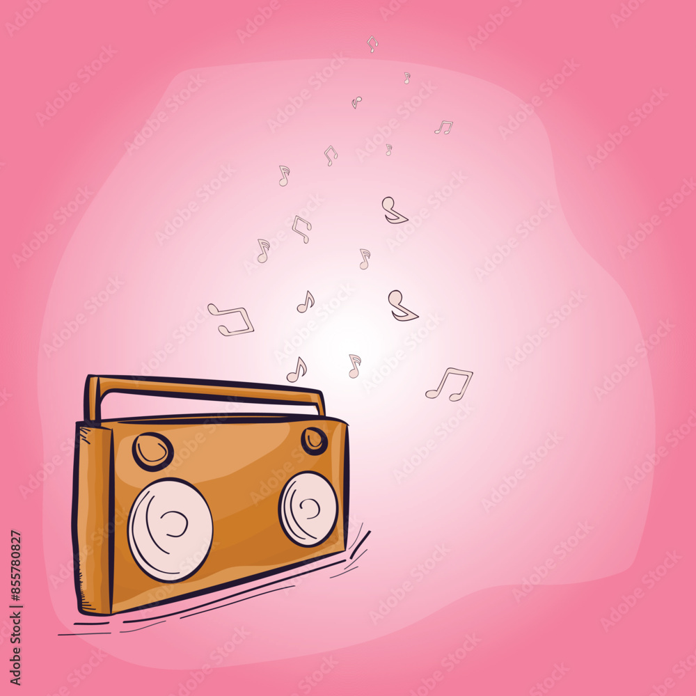 Poster flat style tape recorder with music notes on pink background and copy space.