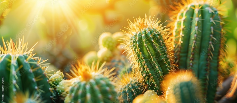 Leinwandbilder cactus, a variety of varieties of cactus, cactus in the rays of the sun. with copy space image. plac