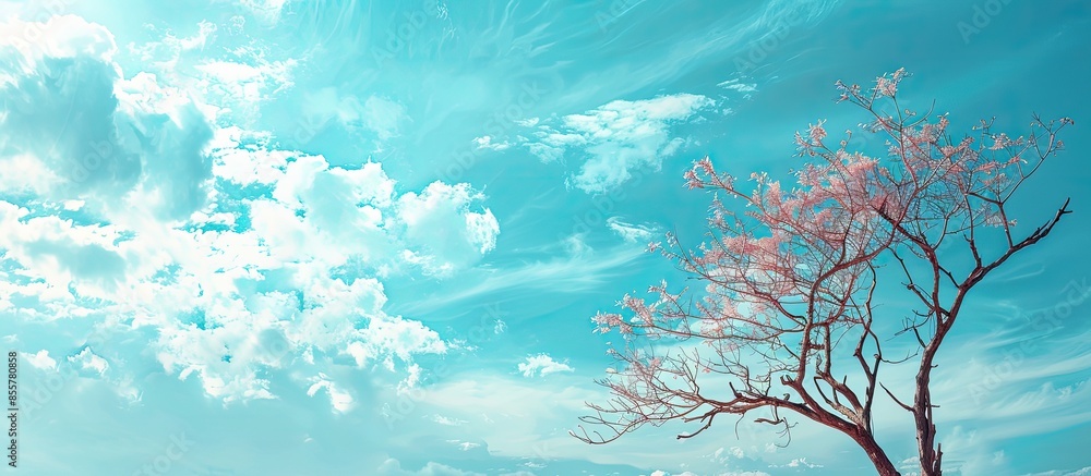 Poster dead tree on blue sky and cloud background. pastel background. with copy space image. place for addi