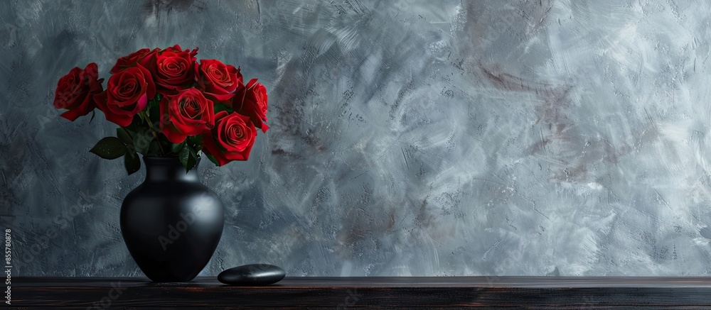 Poster bouquet of crimson spray roses in black vase and pebble on black wooden table against grey wall. wit