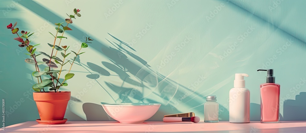 Poster Various cosmetics isolated on a pastel background Isolated. with copy space image. Place for adding text or design