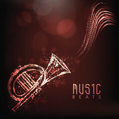 Music Beats Poster Design with Tuba Trumpet Instrument in Light Effect on Brown Abstract Background.